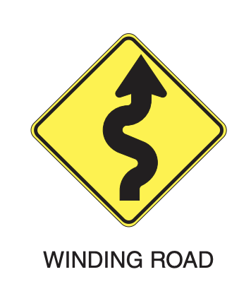 winding road, warning sign