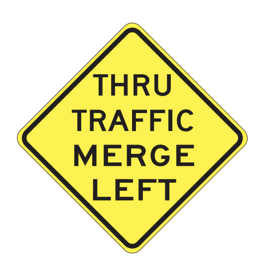 warning sign, through traffic mearge left